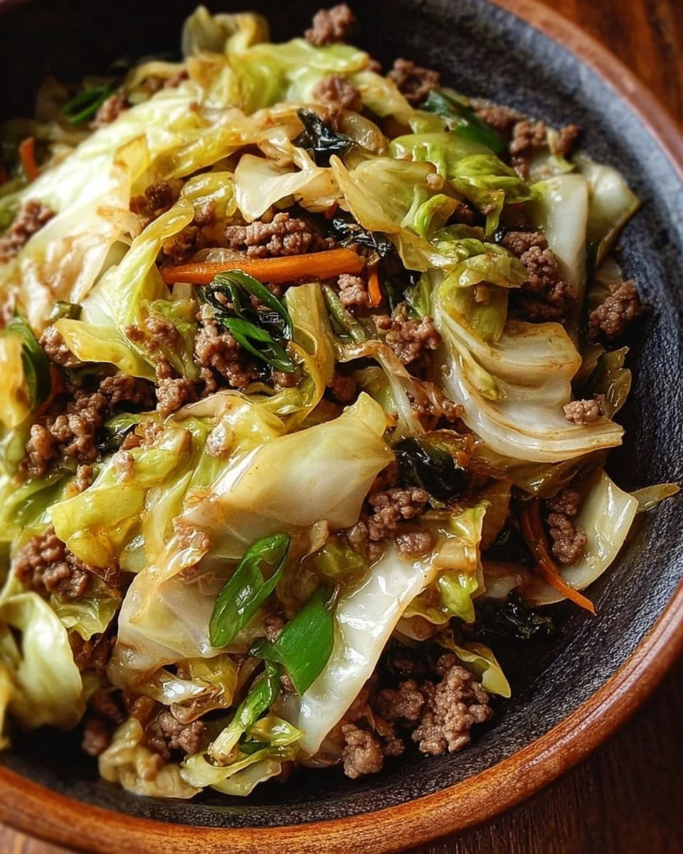 Chinese Ground Beef and Cabbage Stir-Fry dish served in a bowl