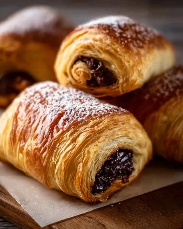 Delicious chocolate croissants with melted chocolate filling