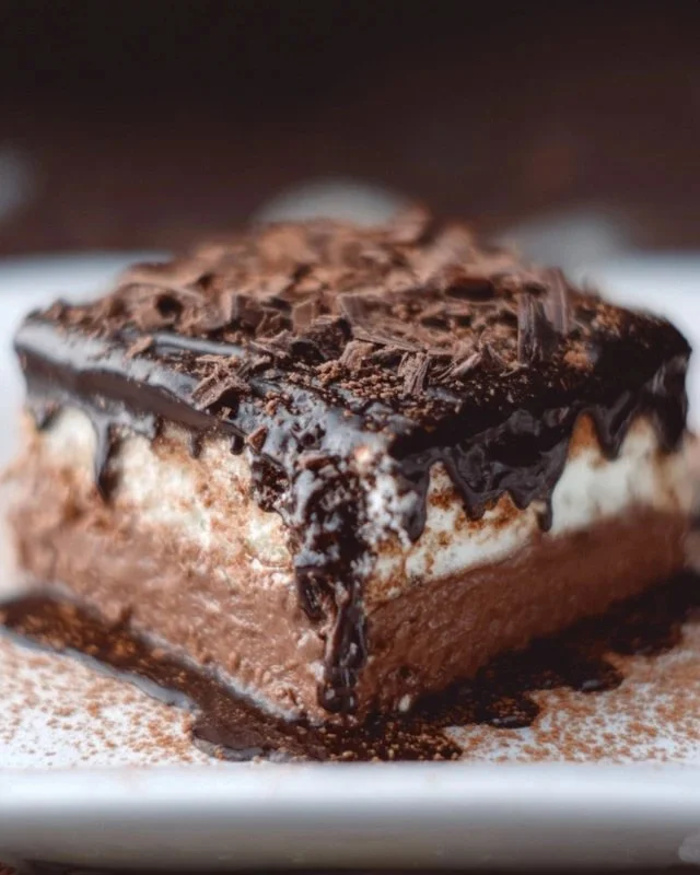 Delicious chocolate delight dessert post on a rustic wooden table