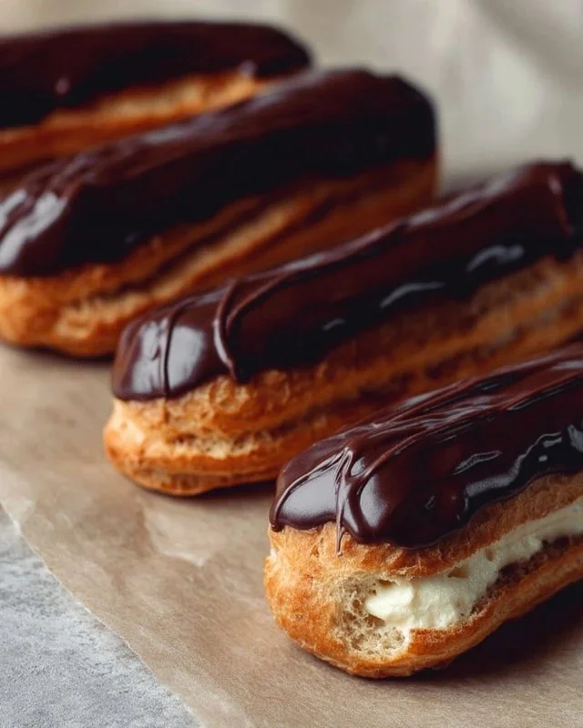 Delicious chocolate eclairs filled with cream and topped with chocolate glaze