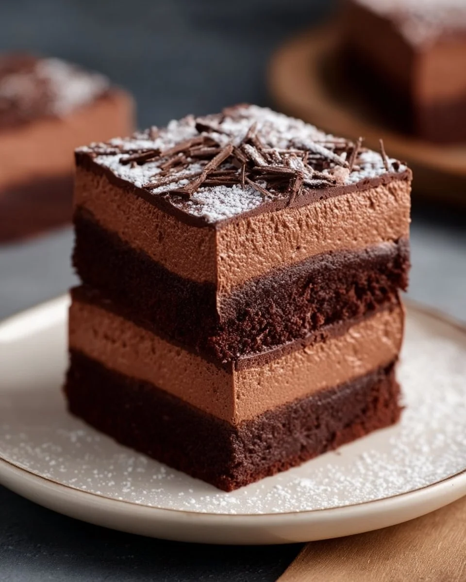 Delicious Chocolate Mousse Brownies topped with creamy mousse and chocolate shavings