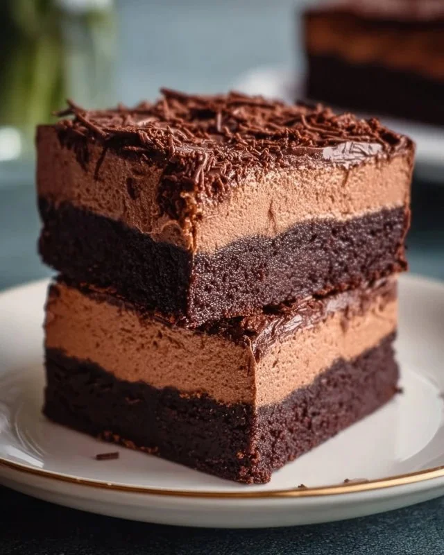Delicious Chocolate Mousse Brownies topped with creamy chocolate mousse
