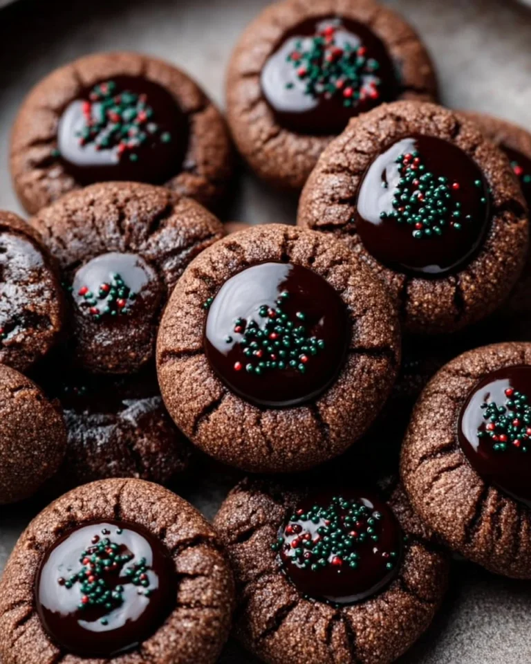 Plate of delicious Chocolate Thumbprint Cookies filled with chocolate ganache