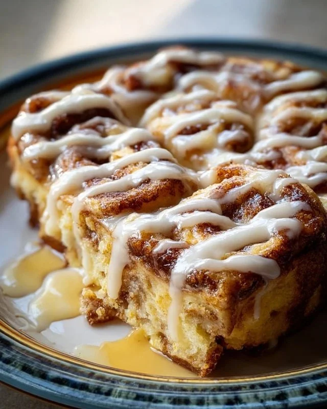 Delicious cinnamon roll casserole topped with creamy icing and served warm