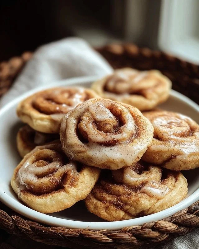 Deliciously baked Cinnamon Roll Cookies topped with icing and cinnamon swirl.