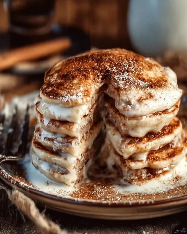 Fluffy cinnamon roll pancakes drizzled with icing on a vibrant plate.