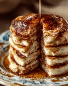Delicious cinnamon roll pancakes stacked with icing for a brunch delight.