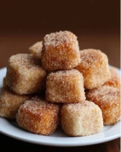 Plate of crispy Cinnamon Sugar Biscuit Bites sprinkled with sugar and cinnamon