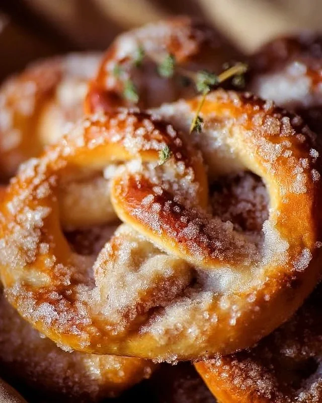 Delicious cinnamon sugar soft pretzels fresh out of the oven, sprinkled with sugar.