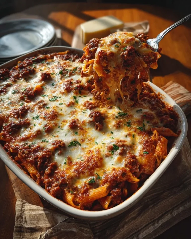 Delicious plate of classic baked mostaccioli with cheese and marinara sauce