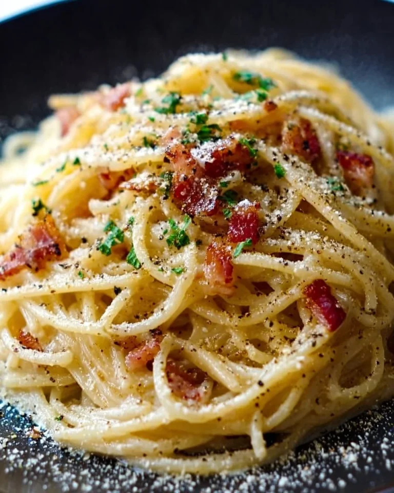 Delicious classic spaghetti carbonara topped with cheese and pancetta