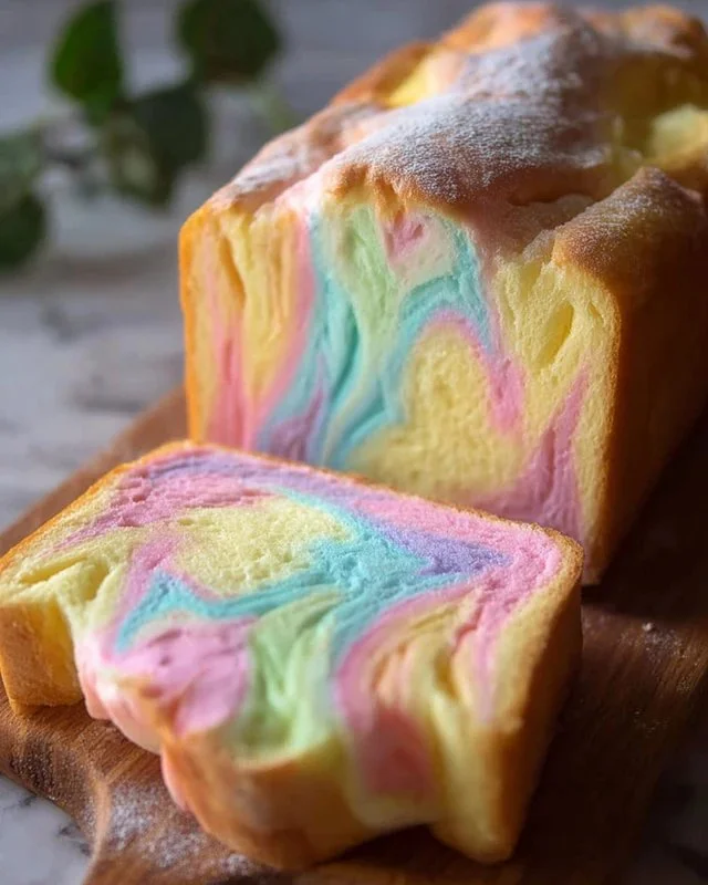 Pastel swirl loaf of cloud bread, light and fluffy gluten-free bread.