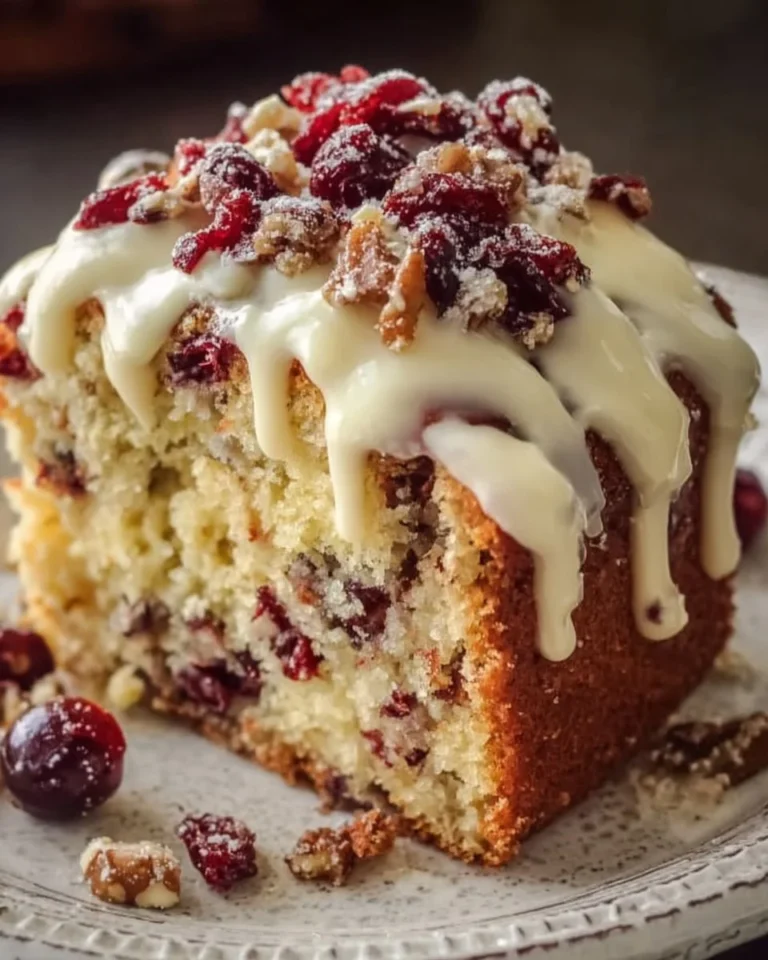 Cranberry Bliss Coffee Cake topped with frosting and cranberries