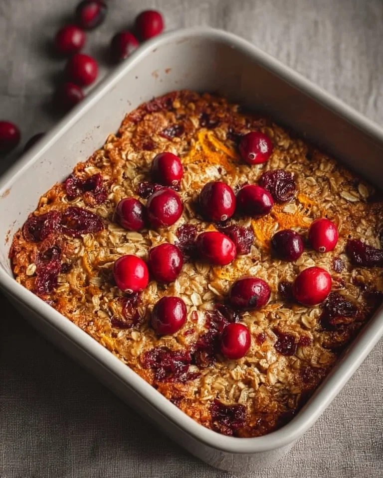 Bowl of Cranberry Orange Baked Oatmeal topped with fresh cranberries and orange zest