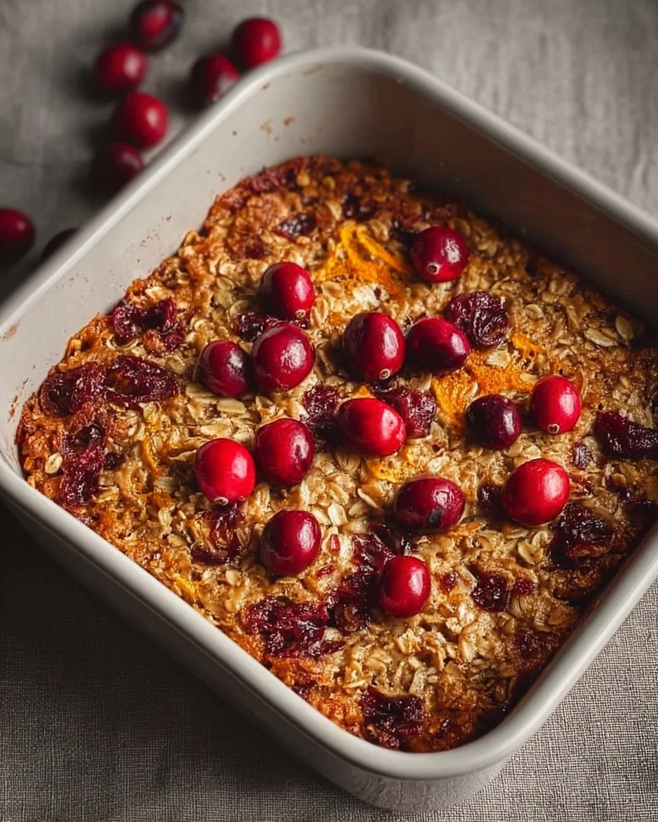 Bowl of Cranberry Orange Baked Oatmeal topped with fresh cranberries and orange zest