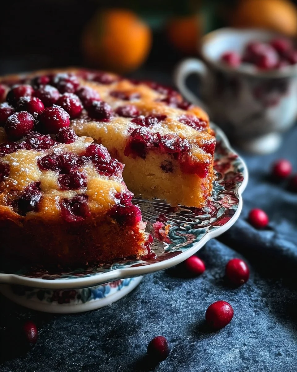 Delicious cranberry orange breakfast cake sliced on a plate
