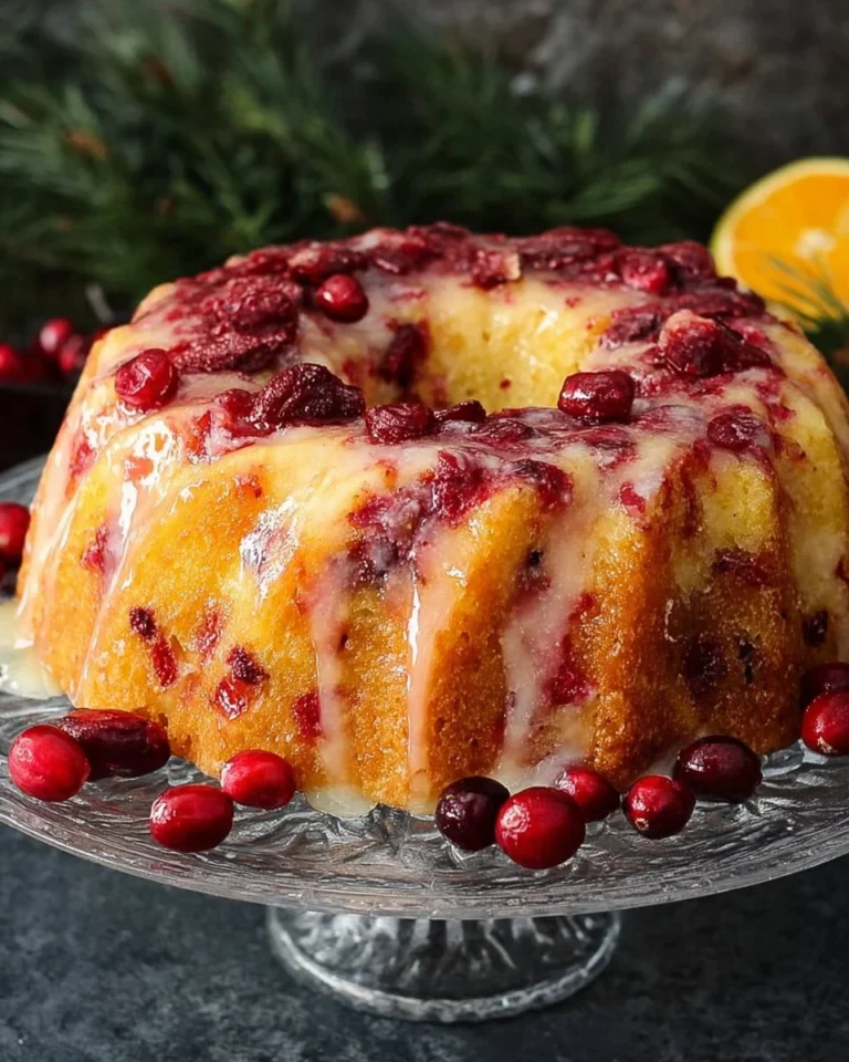 A delicious Cranberry Orange Bundt Cake topped with a glaze and cranberries.