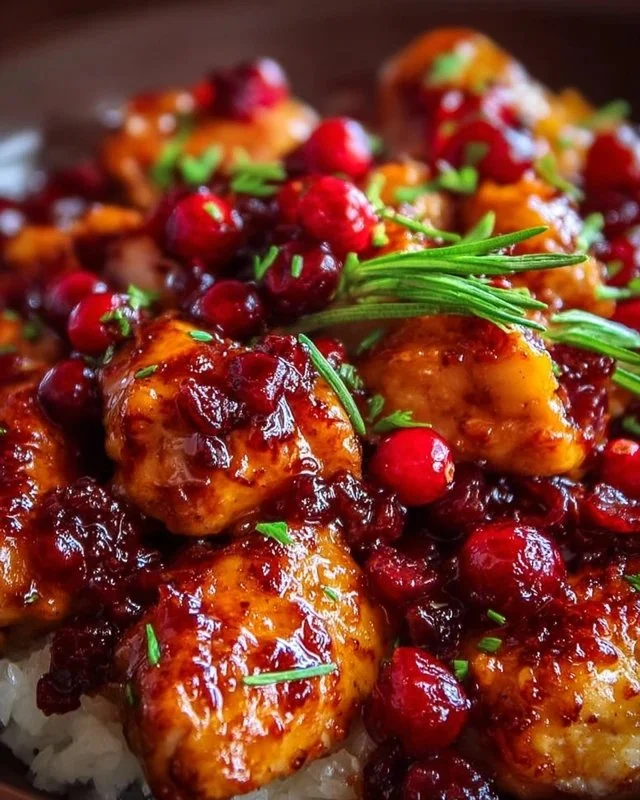 Delicious Cranberry Orange Chicken garnished with fresh herbs.