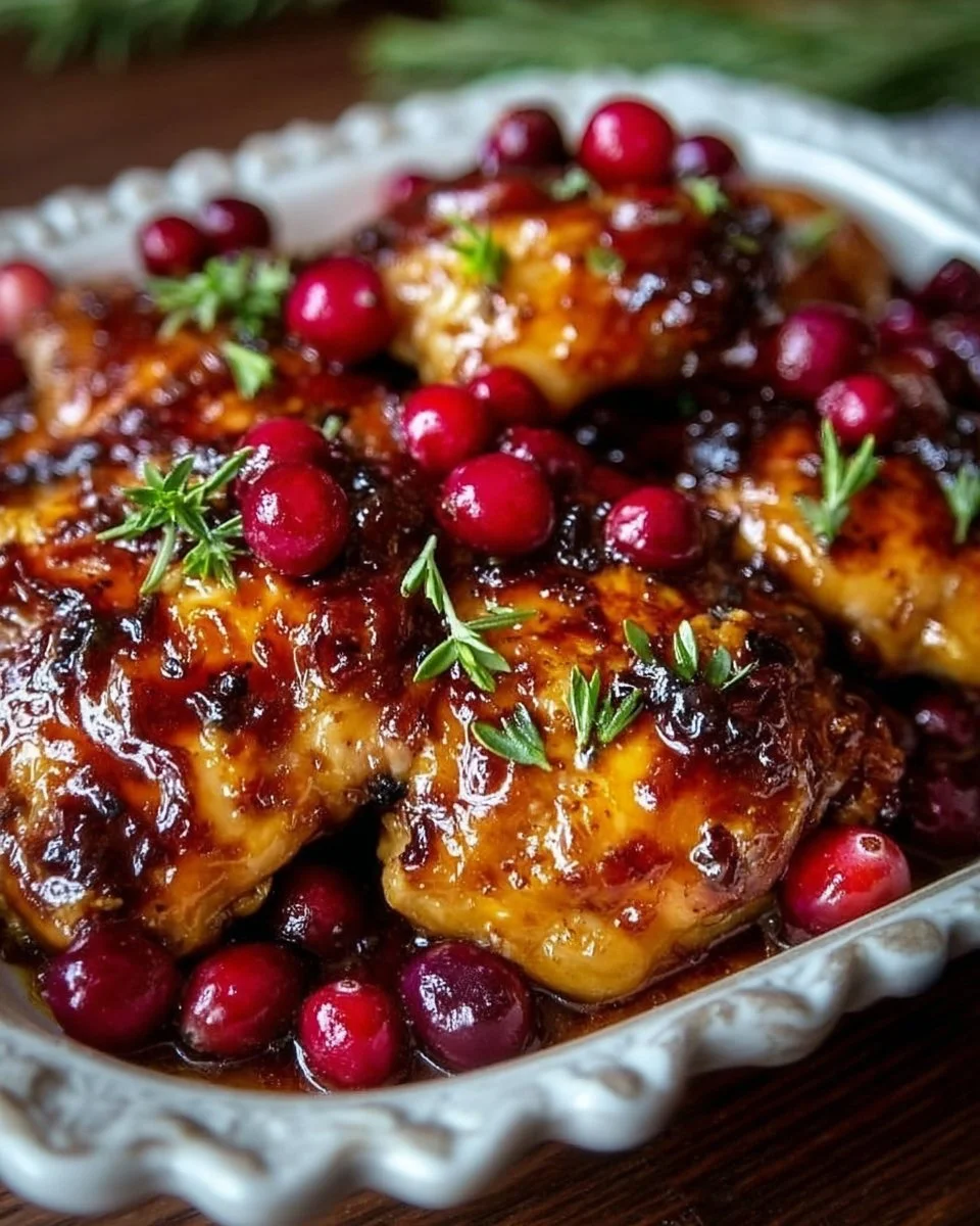 Plate of Cranberry Orange Glazed Chicken garnished with herbs
