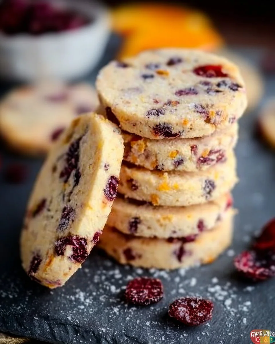 Cranberry orange shortbread cookies on a plate, garnished with orange zest.