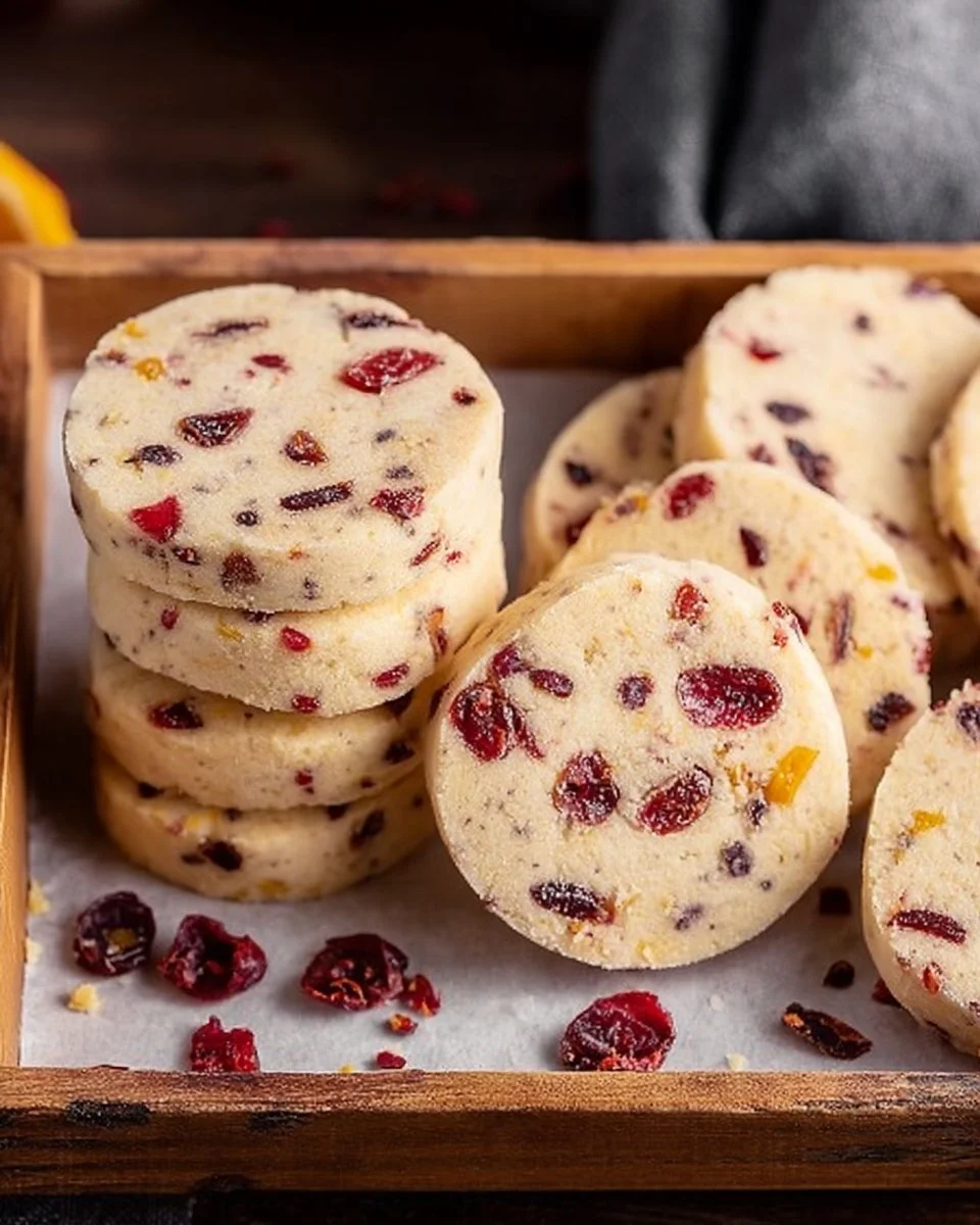 Cranberry Orange Shortbread Cookies served on a plate with festive decorations