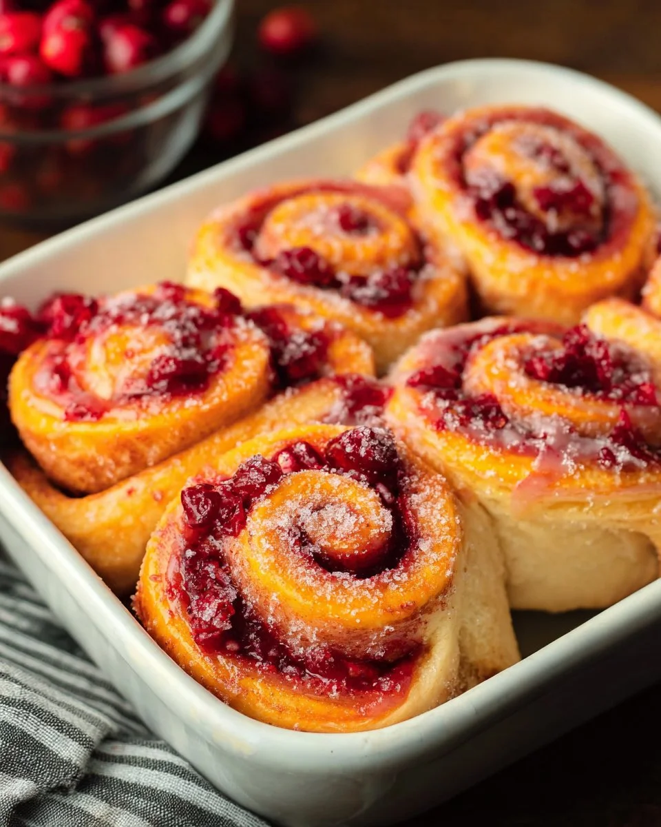 Freshly baked cranberry orange sweet rolls on a plate