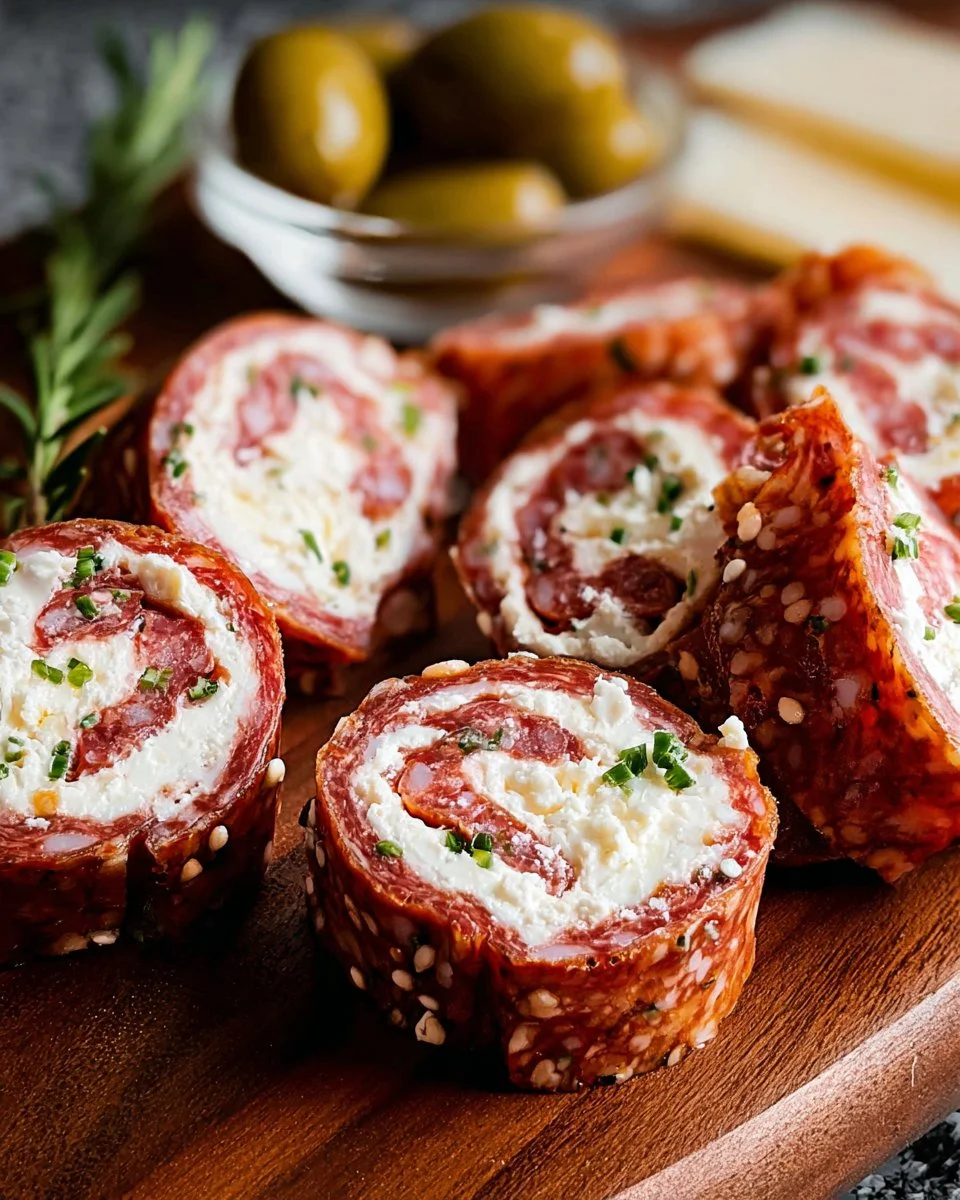 Cream Cheese Salami Roll Ups appetizer on a platter with garnishes