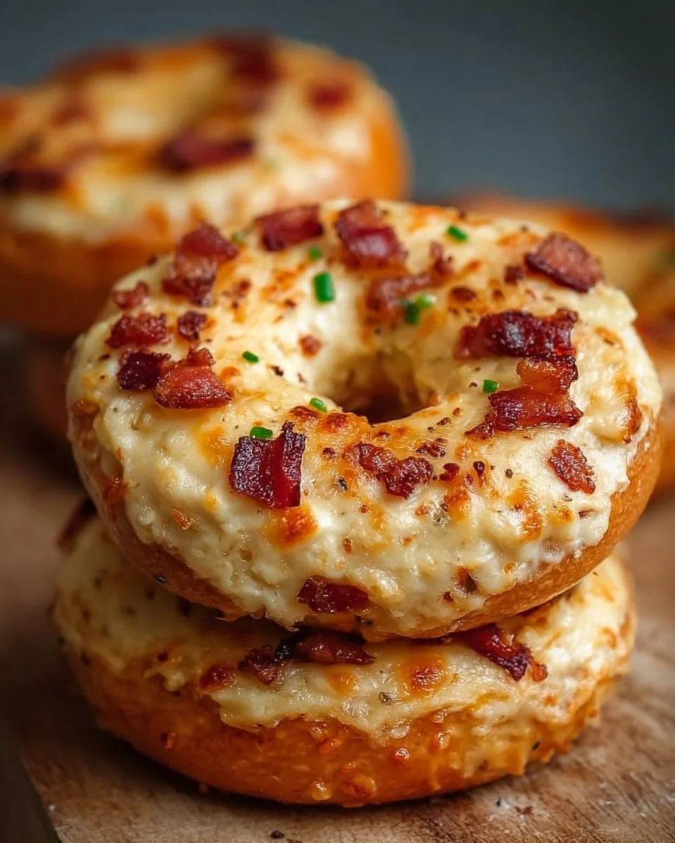 Creamy bacon cheddar bagels topped with fresh herbs and cheese