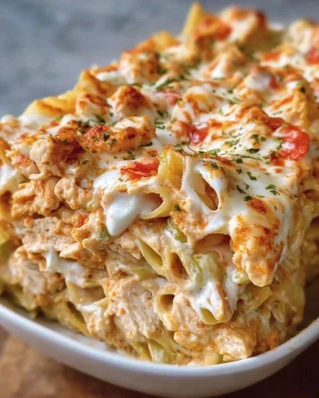 Creamy Chicken Ranch Casserole topped with herbs and cheese in a baking dish