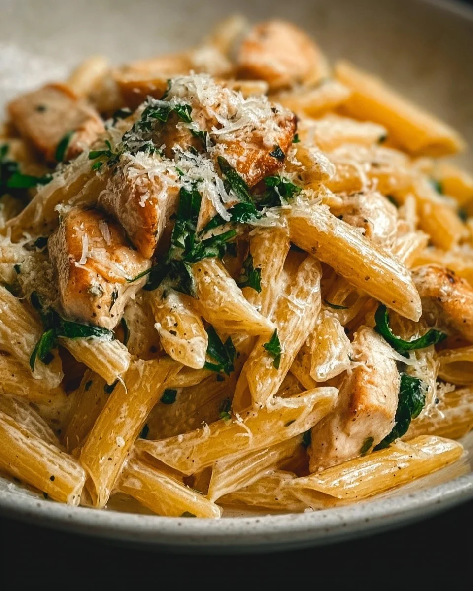 Creamy garlic parmesan chicken pasta served in a bowl with fresh herbs