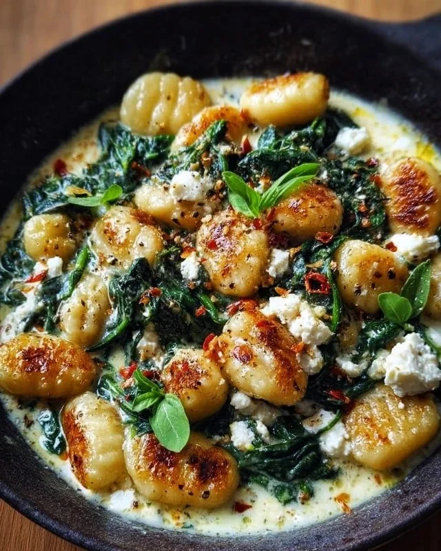 Creamy gnocchi with spinach and feta served in a bowl