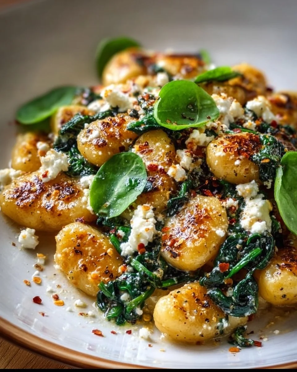 Creamy gnocchi dish with spinach and feta cheese served in a bowl.