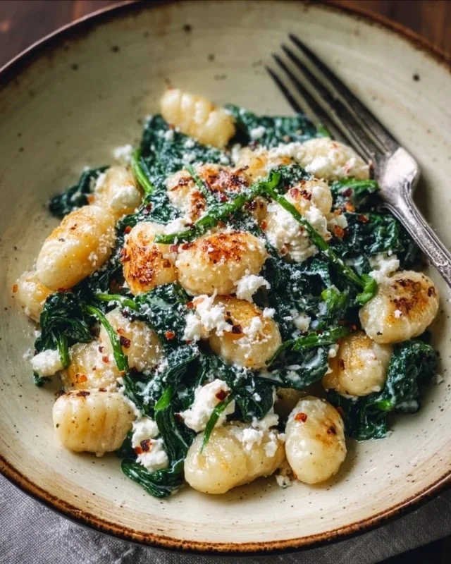 Creamy gnocchi dish with spinach and feta cheese on a plate