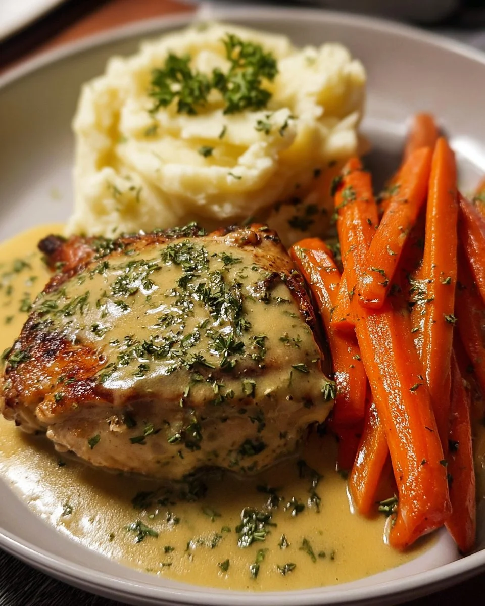 Creamy herb chicken with mashed potatoes and glazed carrots for a comforting dinner.