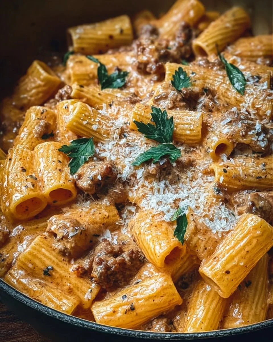 Creamy Italian sausage rigatoni served in a bowl with fresh herbs