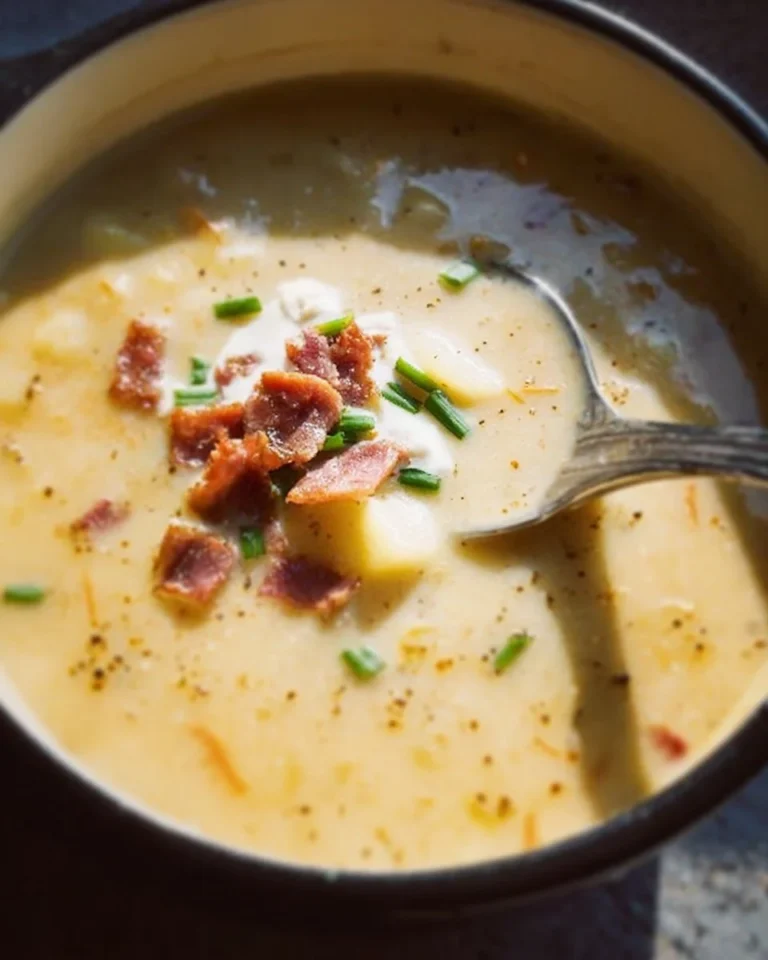 A bowl of creamy loaded potato soup topped with cheese and green onions