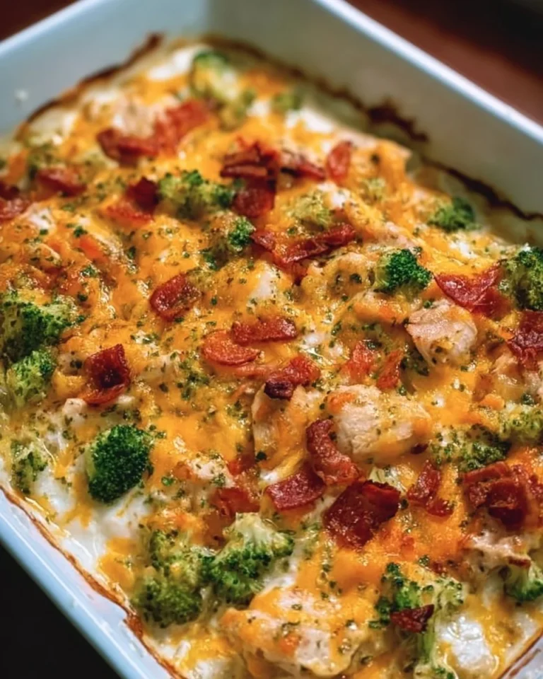 Creamy low carb chicken casserole dish topped with cheese and herbs