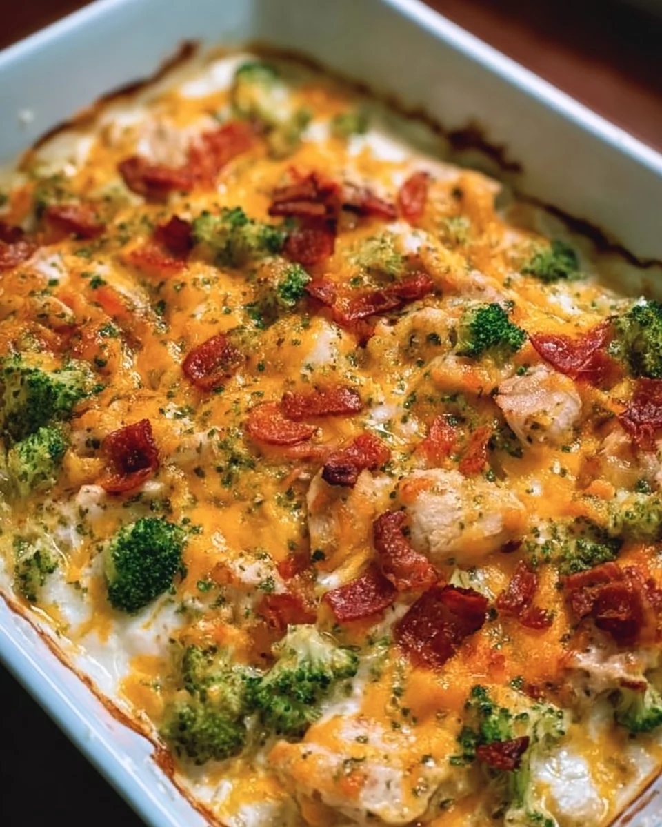 Creamy low carb chicken casserole dish topped with cheese and herbs