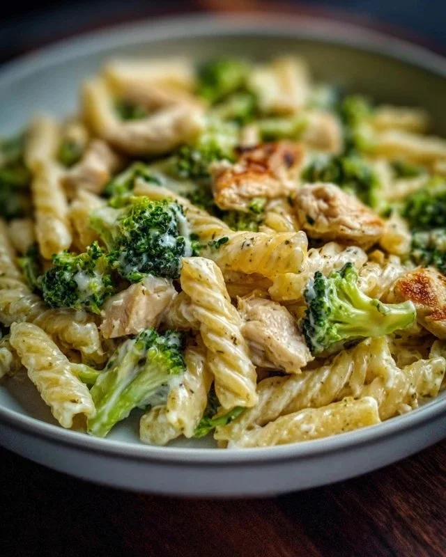Creamy rotisserie chicken broccoli pasta dish served in a bowl