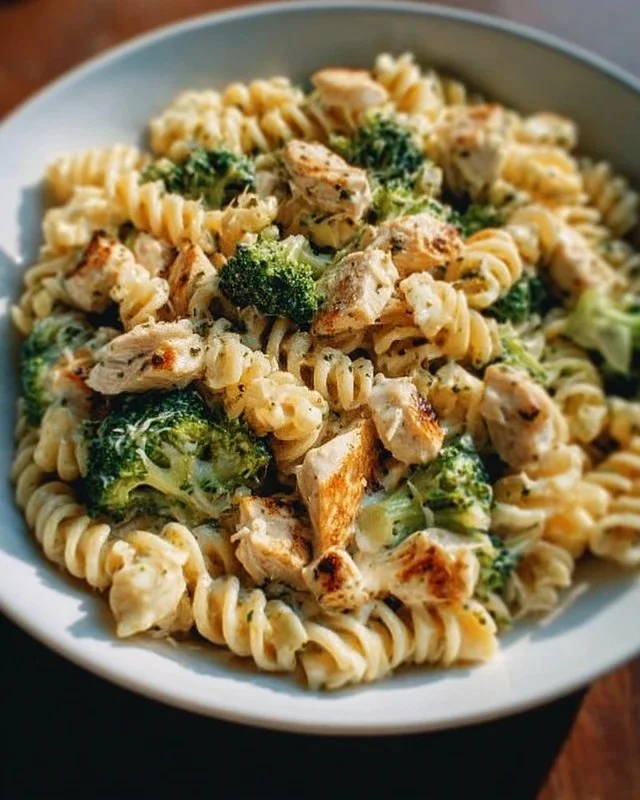 Creamy rotisserie chicken broccoli pasta dish served in a bowl