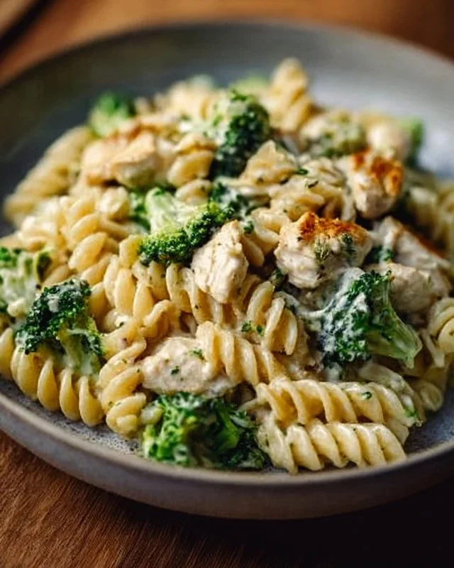 Creamy rotisserie chicken broccoli pasta dish with fresh ingredients