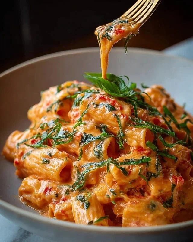 Bowls of creamy tomato garlic pasta garnished with fresh herbs