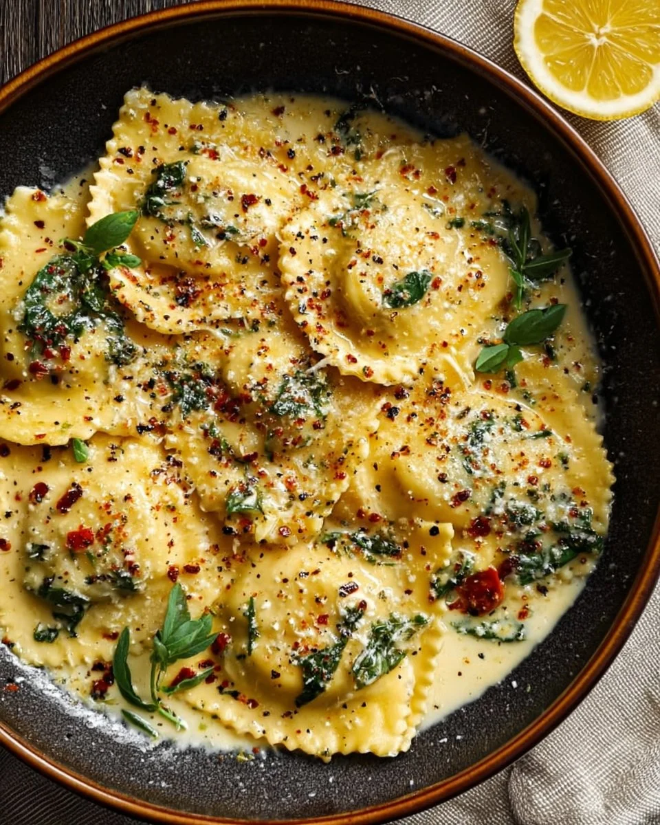 Delicious creamy Tuscan ravioli filled with rich ingredients