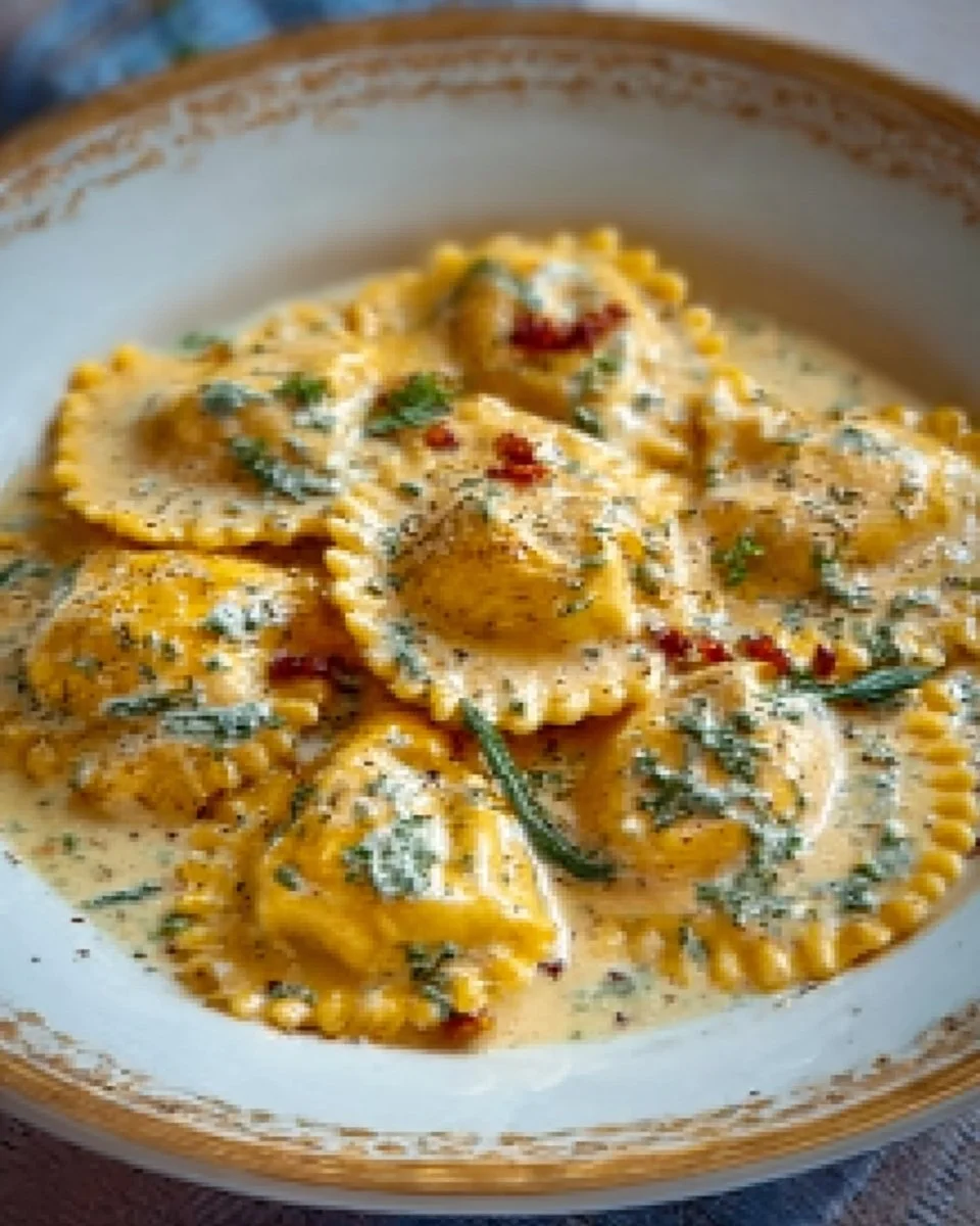 Creamy Tuscan ravioli with rich filling served on a plate