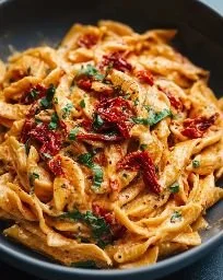 Creamy vegan sun-dried tomato pasta garnished with fresh herbs