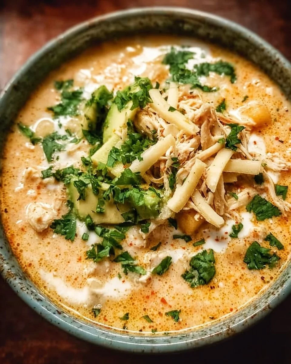 Bowl of creamy white chicken chili topped with fresh herbs and tortilla chips.