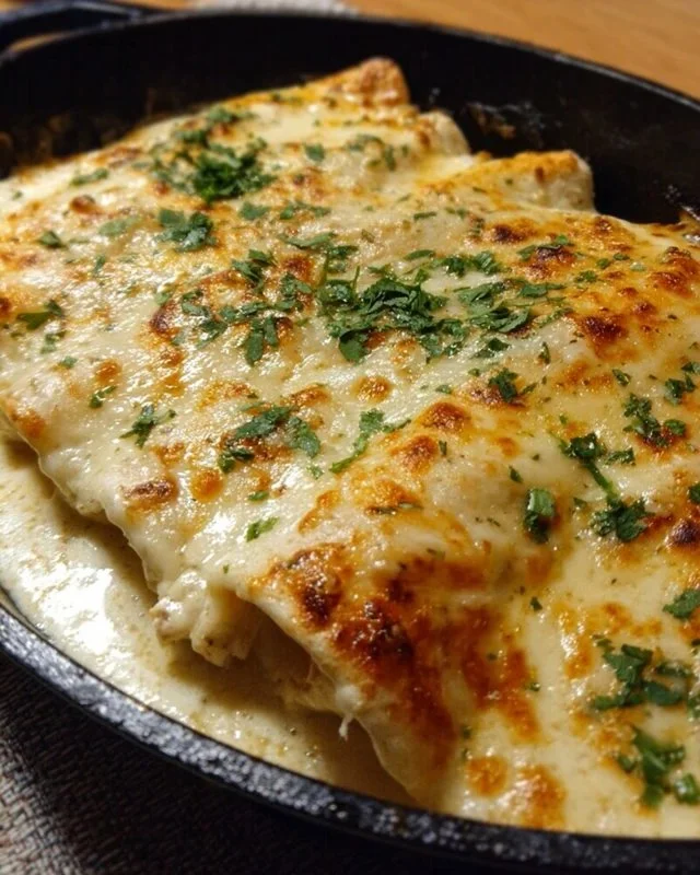 Delicious creamy white chicken enchiladas topped with cheese and cilantro