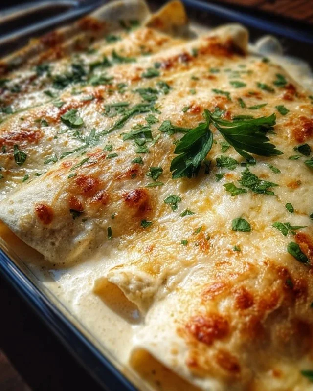 Delicious creamy white chicken enchiladas served with a side of fresh cilantro