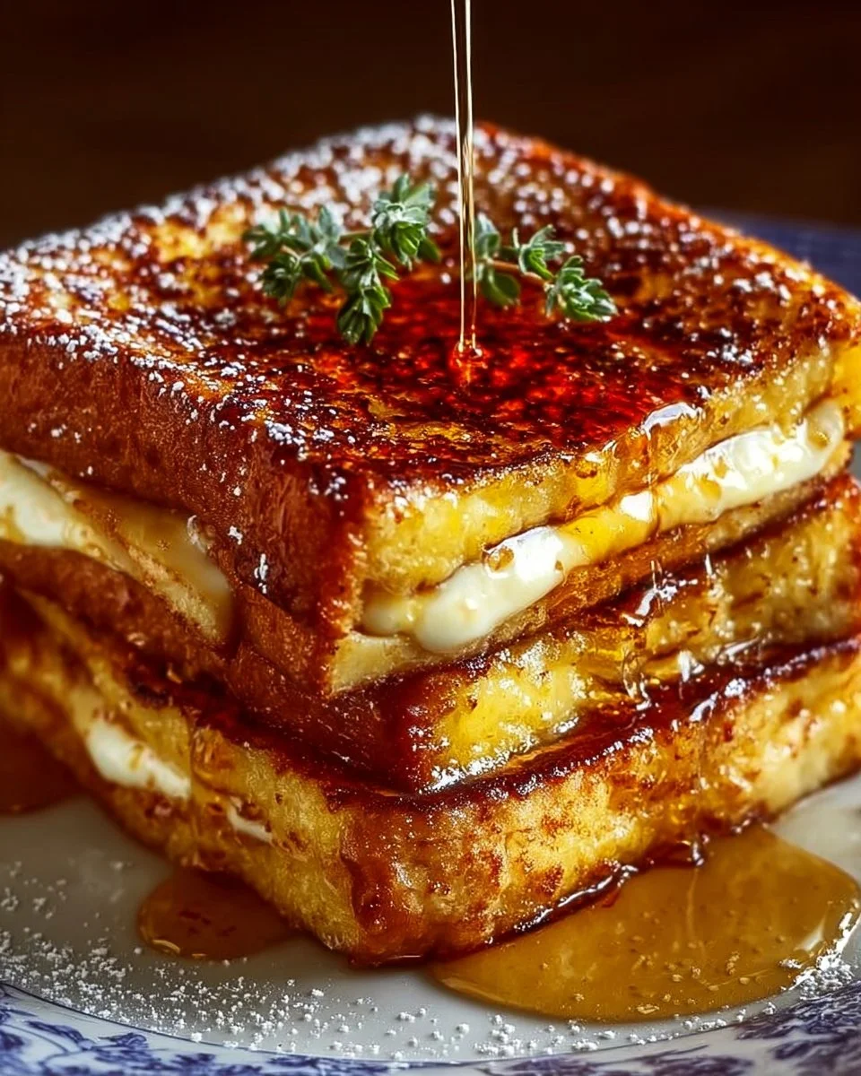 Delicious Crème Brûlée French Toast topped with caramelized sugar and fresh berries.