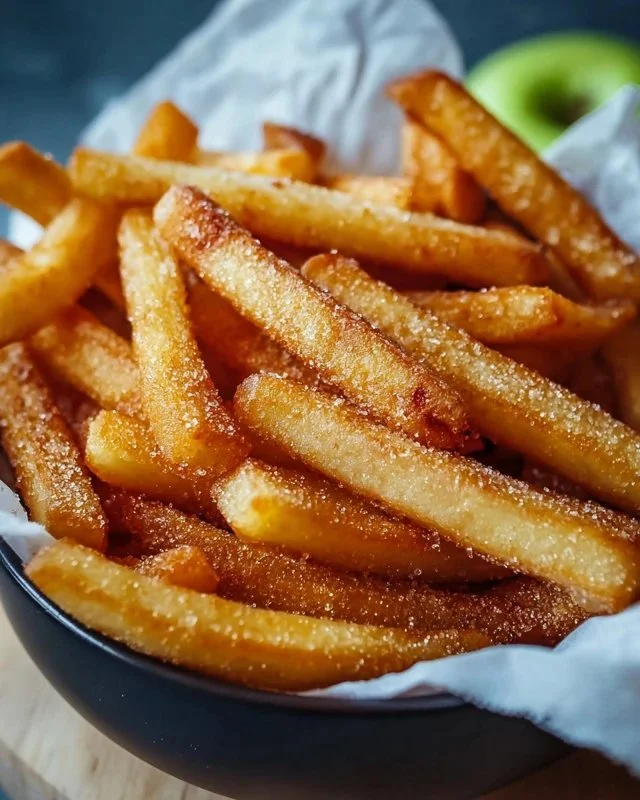 Crispy air fryer apple fries served in a bowl with a sprinkle of cinnamon.